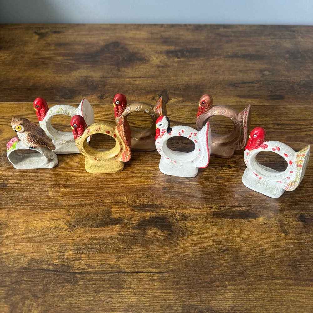 Vintage Ceramic Turkey Owl Napkin Rings Set 7 Hand Painted Thanksgiving Holiday‎
